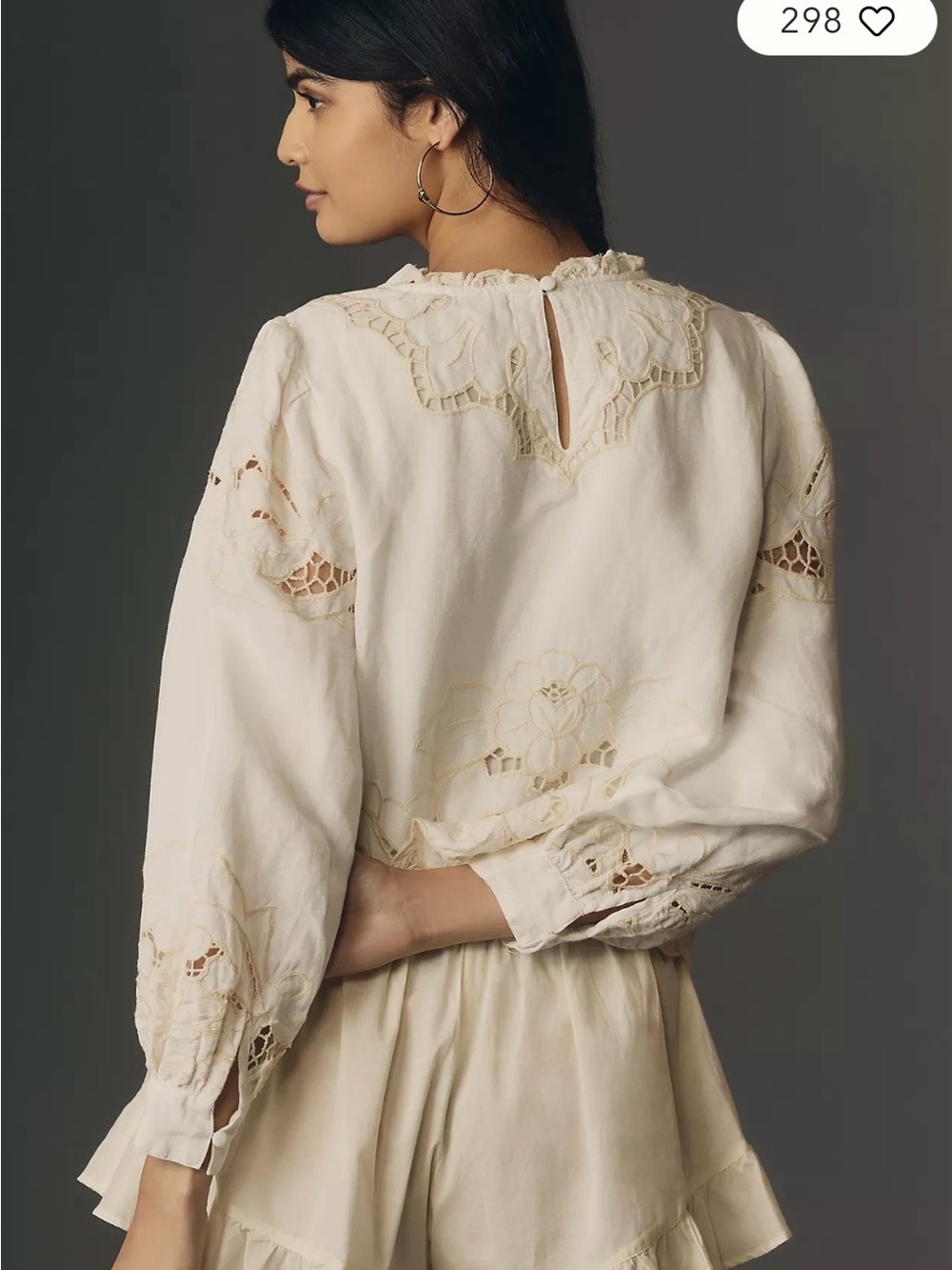 Anthropologie Lainie High Neck Ivory Lace Cutwork Long-Sleeve Blouse - Picture 4 of 11
